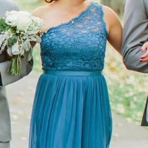 David’s Bridal Steel Blue Lace Bridesmaid Dress